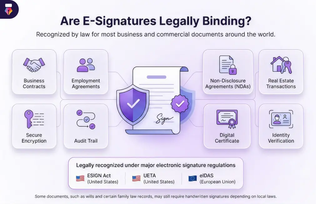 Infographic explaining why electronic signatures are legally binding under ESIGN, UETA, and eIDAS laws