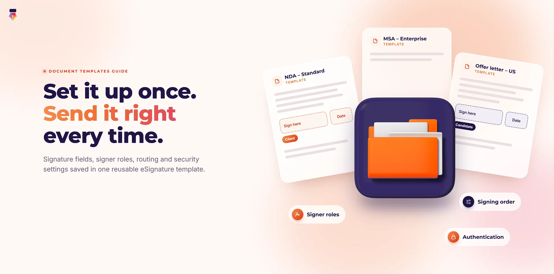 Reusable eSignature document templates for an NDA, an enterprise MSA and a US offer letter, each with signer roles, signing order and authentication saved