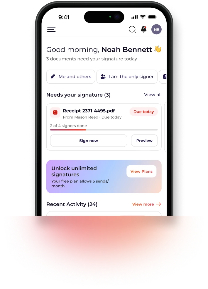 The Inkfree mobile app open on an iPhone, showing a document ready to sign